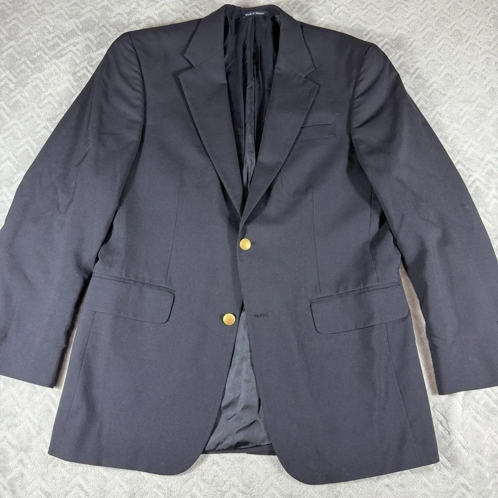 Vtg Lands End Wool Blazer Mens 40L Navy Gold Buttons Sport Coat Preppy‎ Nautical